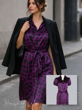 100% Silk NWT Purple Women's Button Down Shirt Dress